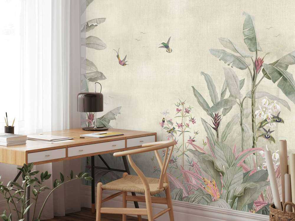 Kolibries tussen zachte bananenbladeren