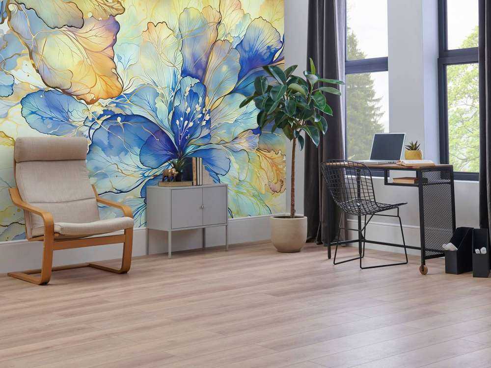 Aquarelbloemen in blauw en goud
