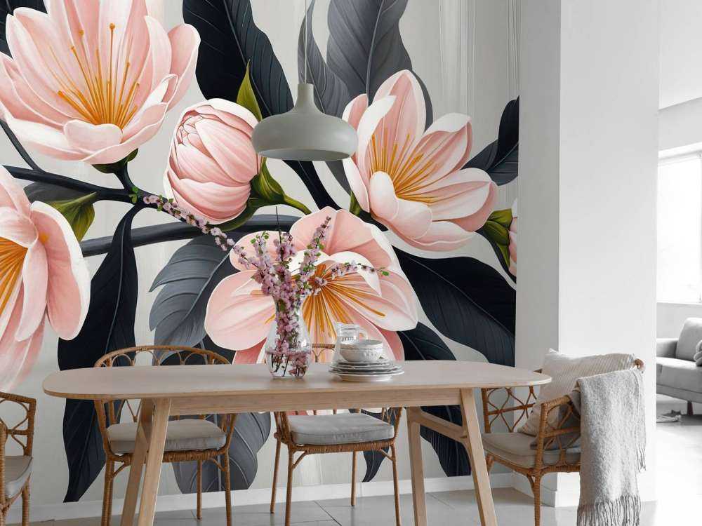 Roze magnoliabloemen met donkere bladeren