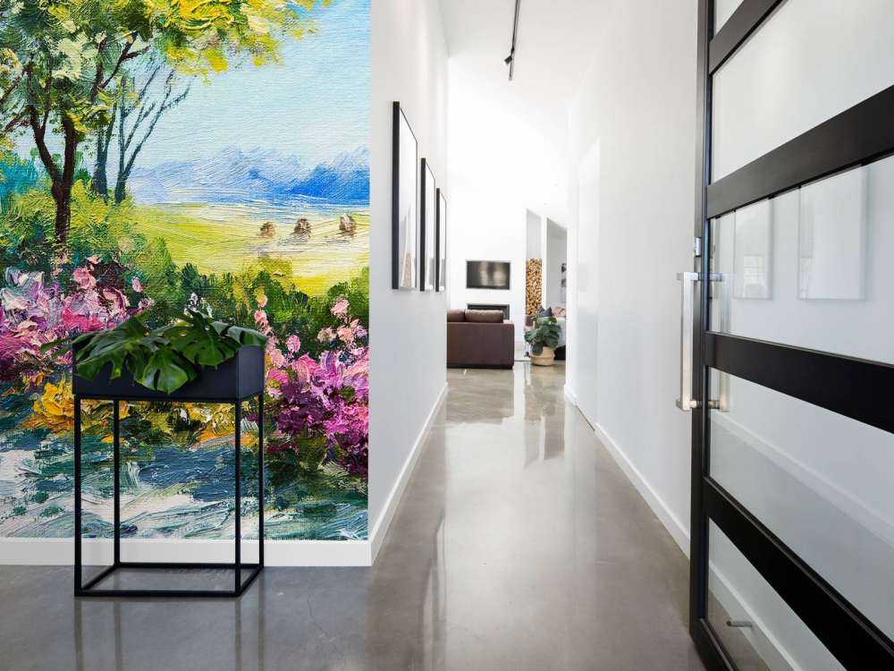 Uitzicht vanaf een tuin schilderij