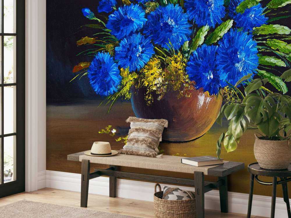 Stilleven van een vaas met blauwe bloemen