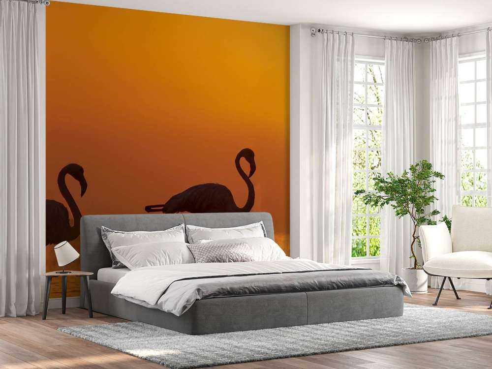 Flamingo's bij zonsondergang