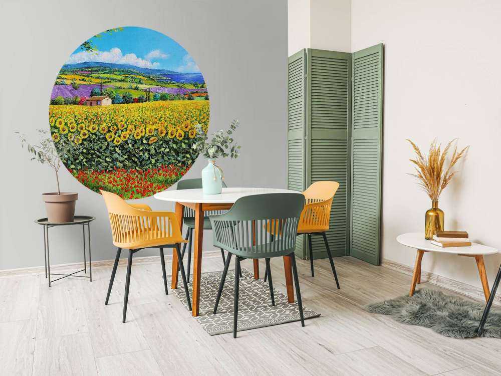 sunflowers, lavender, and sea