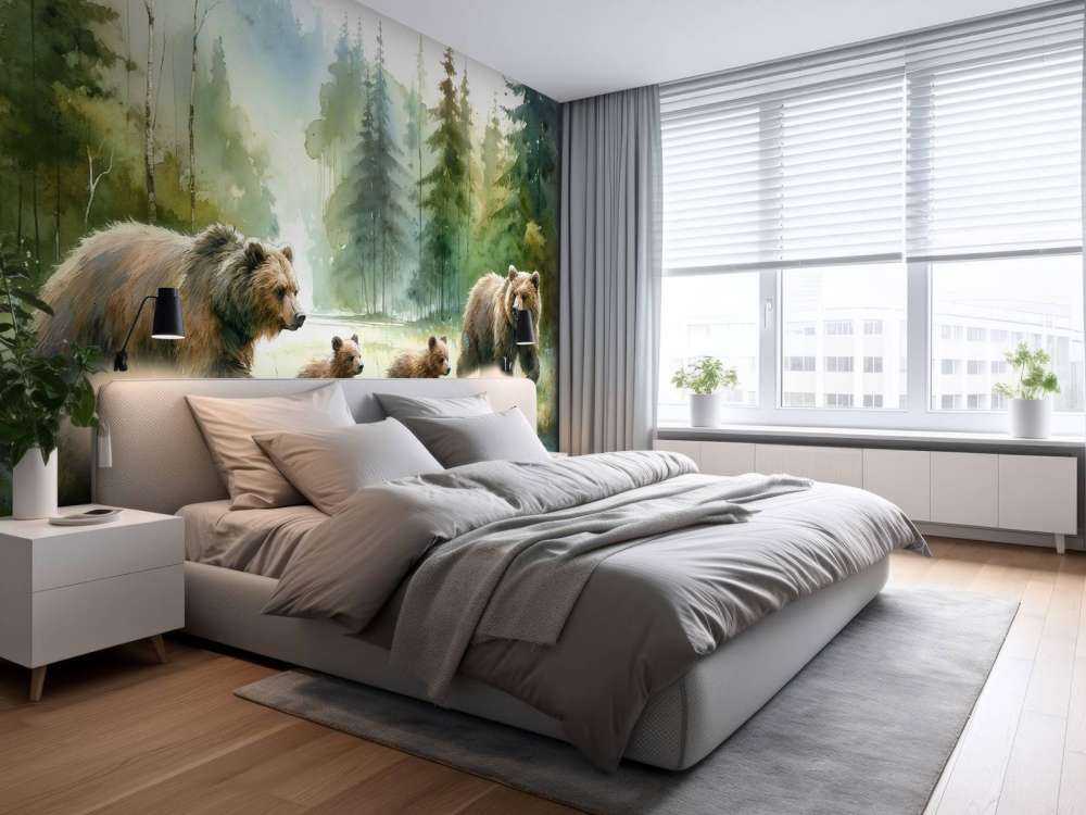 Watercolor Bear Family In The Forest