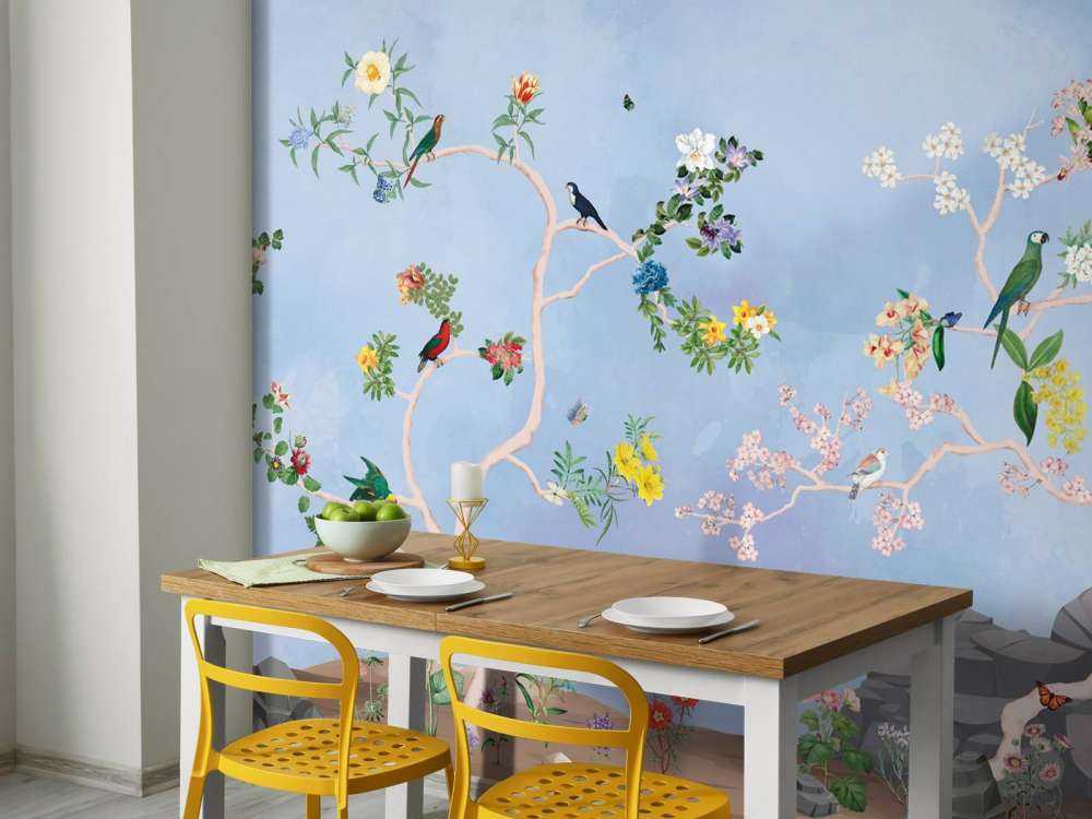 Birds in the Garden Blue Panorama