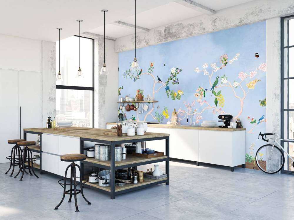 Birds in the Garden Blue Panorama