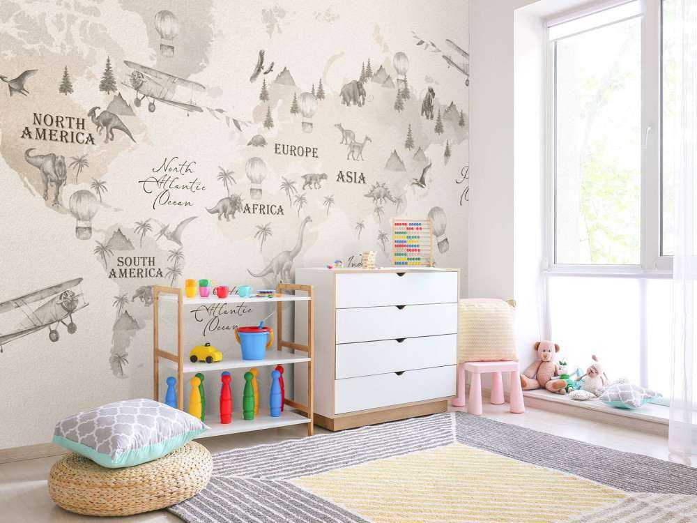 Wereldkaart met dino's off-white