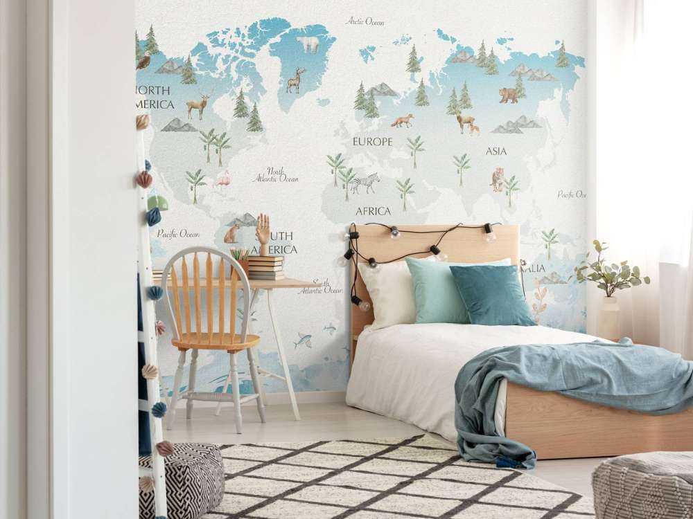 Wereldkaart met golven en dieren