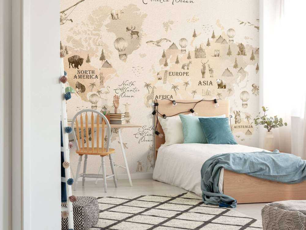 Wereldkaart met verschillende dieren beige