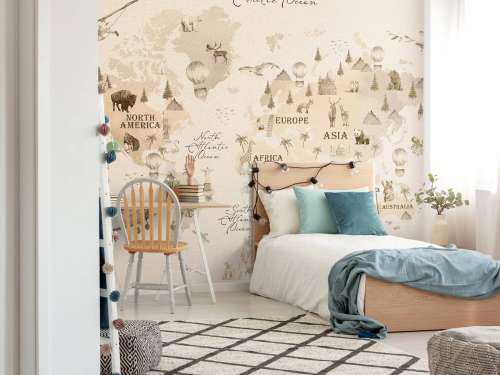 Wereldkaart met verschillende dieren beige