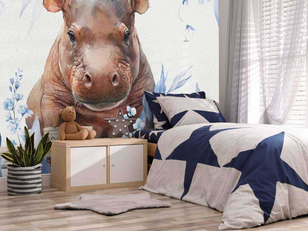 Baby nijlpaard in de bladeren blauw