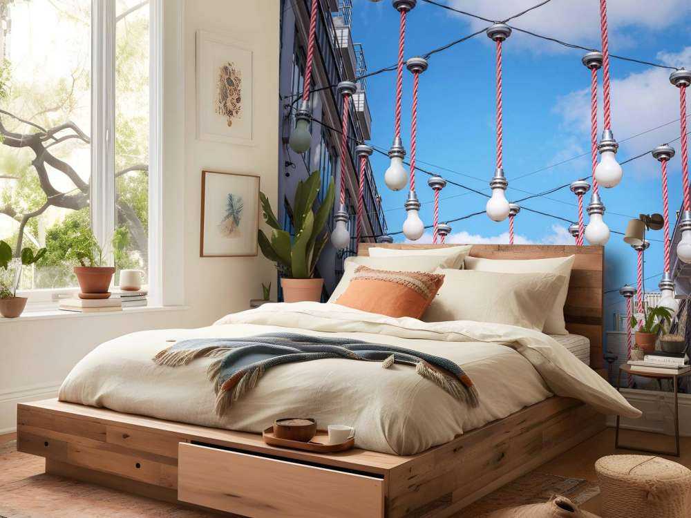 Light bulbs hanging across the buildings for Christmas decorations, London