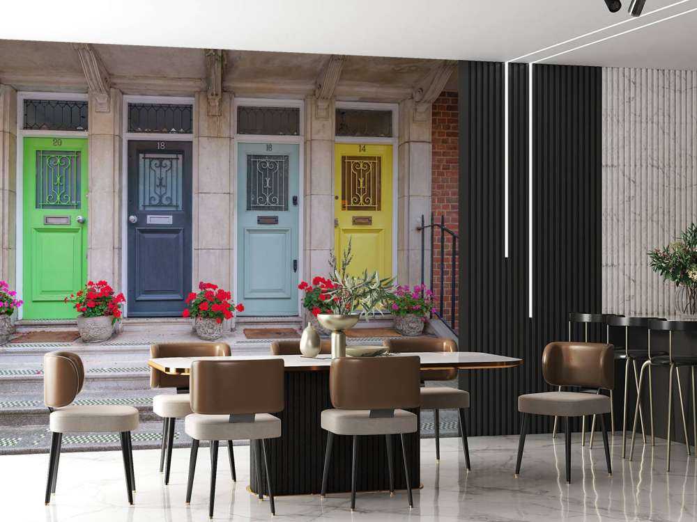 Multicolored doors of residential building, London