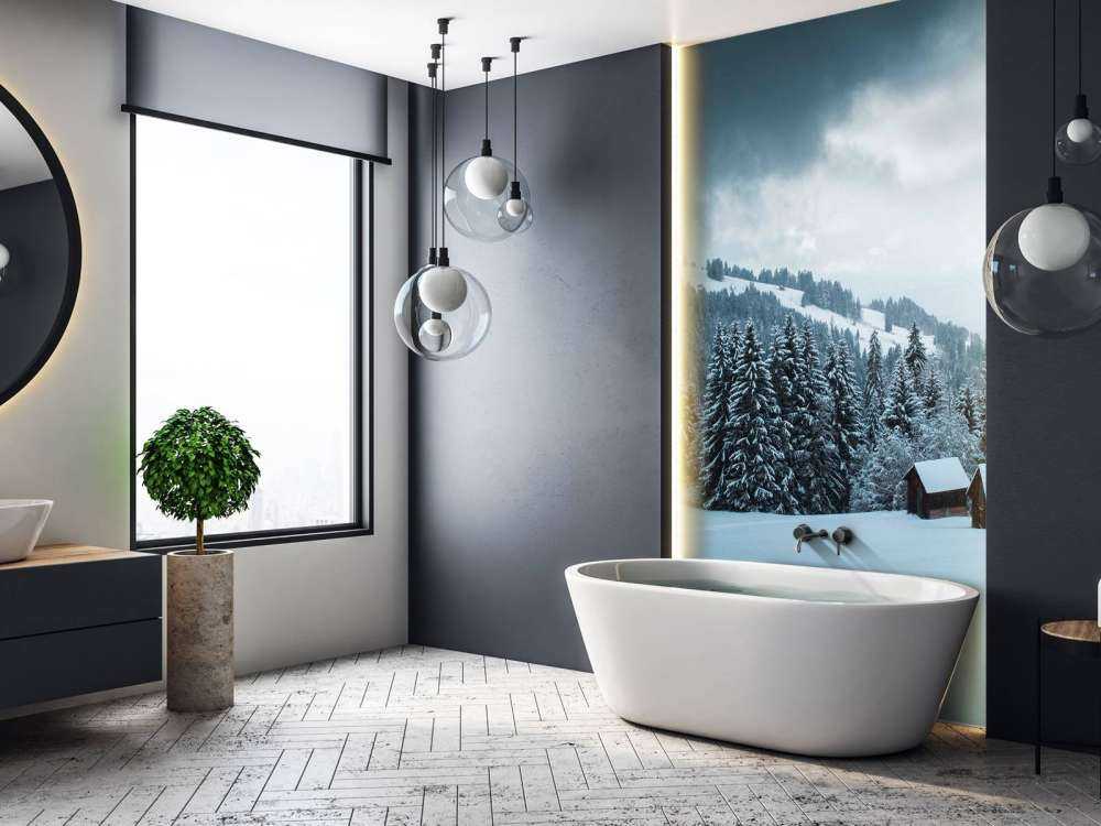 Besneeuwd dennenbos met houten hutten