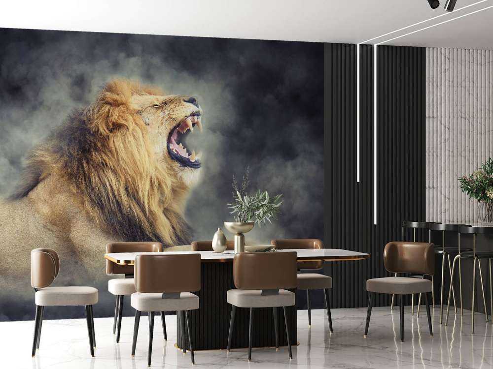 Leeuw in rook met een donkere achtergrond