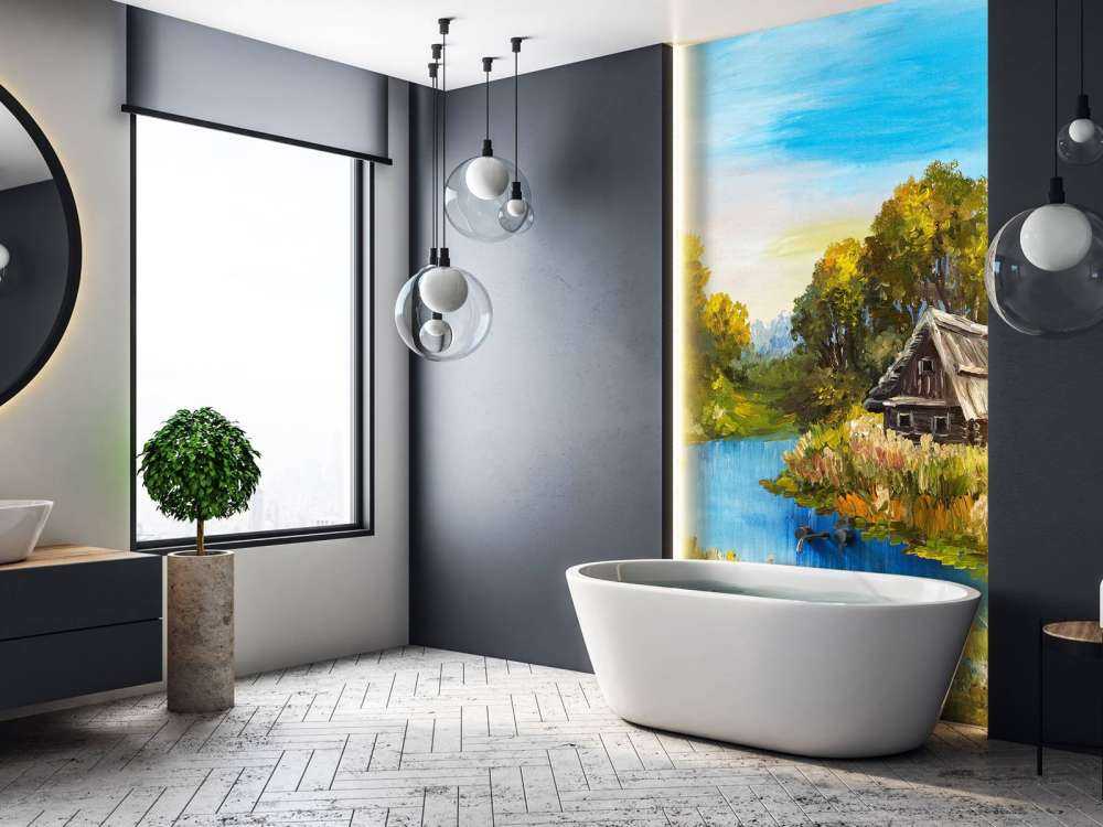 Boerderij aan een rivier schilderij