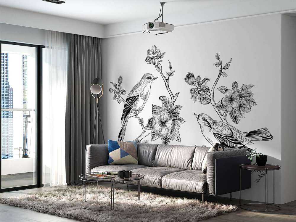 Tekening van vogels op een tak met appelbloesems