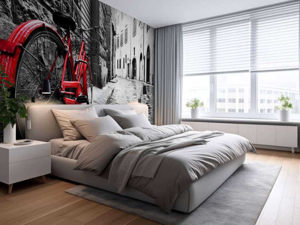 Rode fiets in een zwart-witte straat