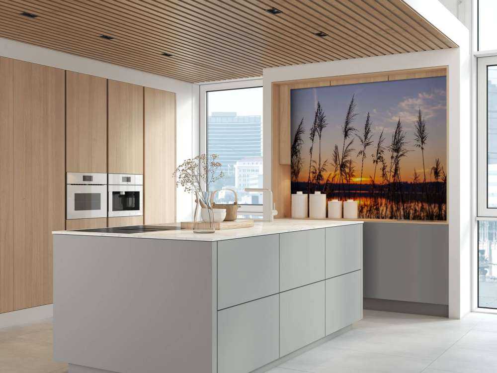 Rivier met riet bij zonsondergang