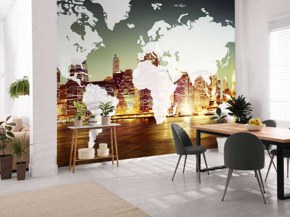 Wereldkaart met een stad op de achtergrond