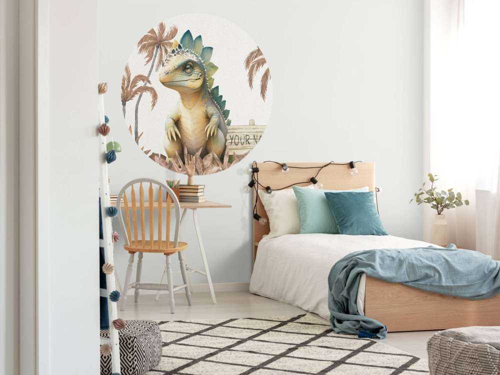 Baby stegosaurus in de jungle taupe