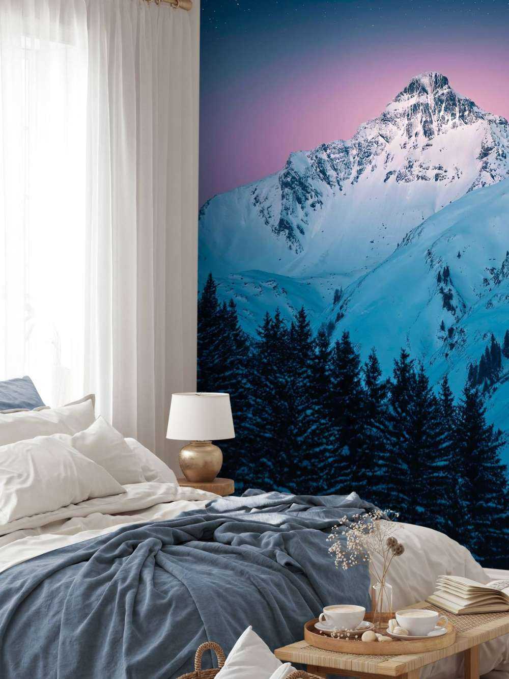 Besneeuwde bergtop bij sterrennacht