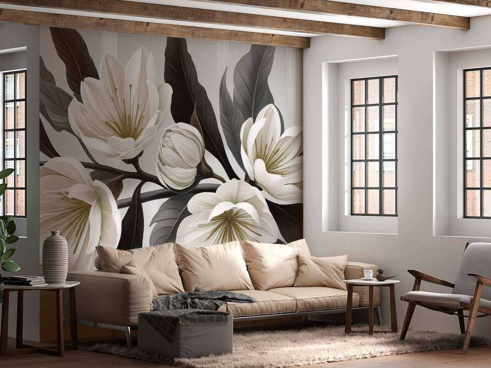 Witte magnoliabloemen met donkere bladeren