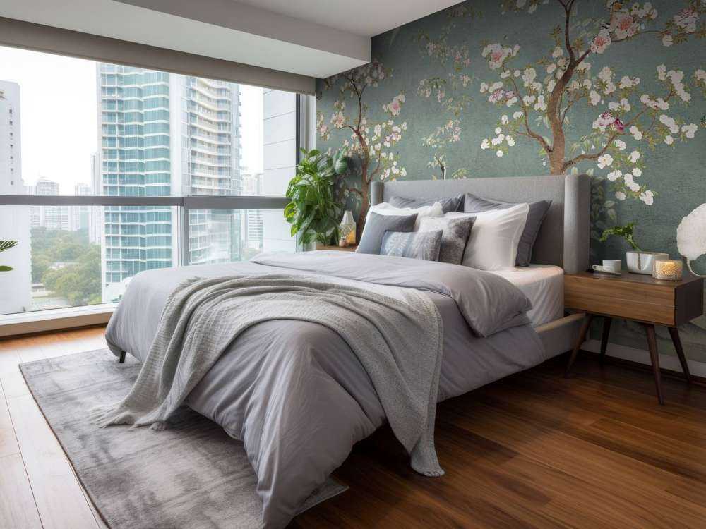 Bloesembomen met kraanvogels in serene tuin