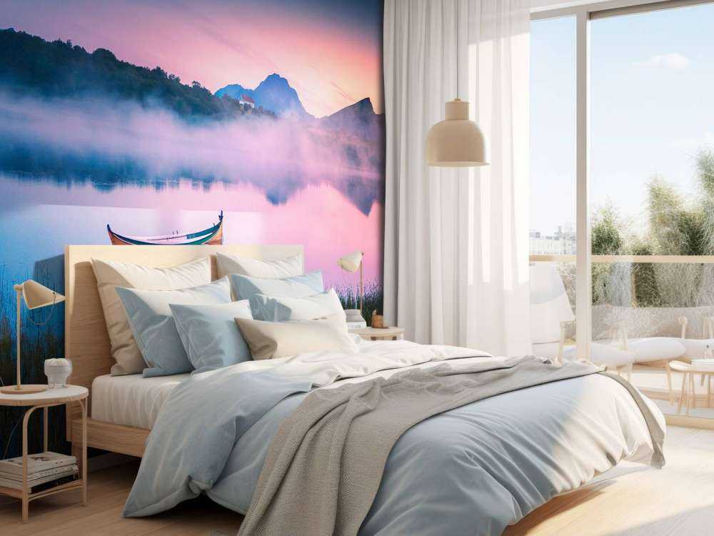 Mistige zonsopgang aan het meer