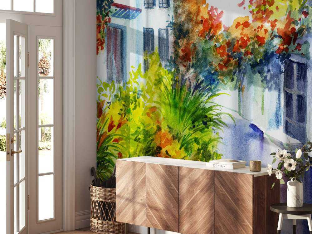 Waterverf bloemen en gebouwen