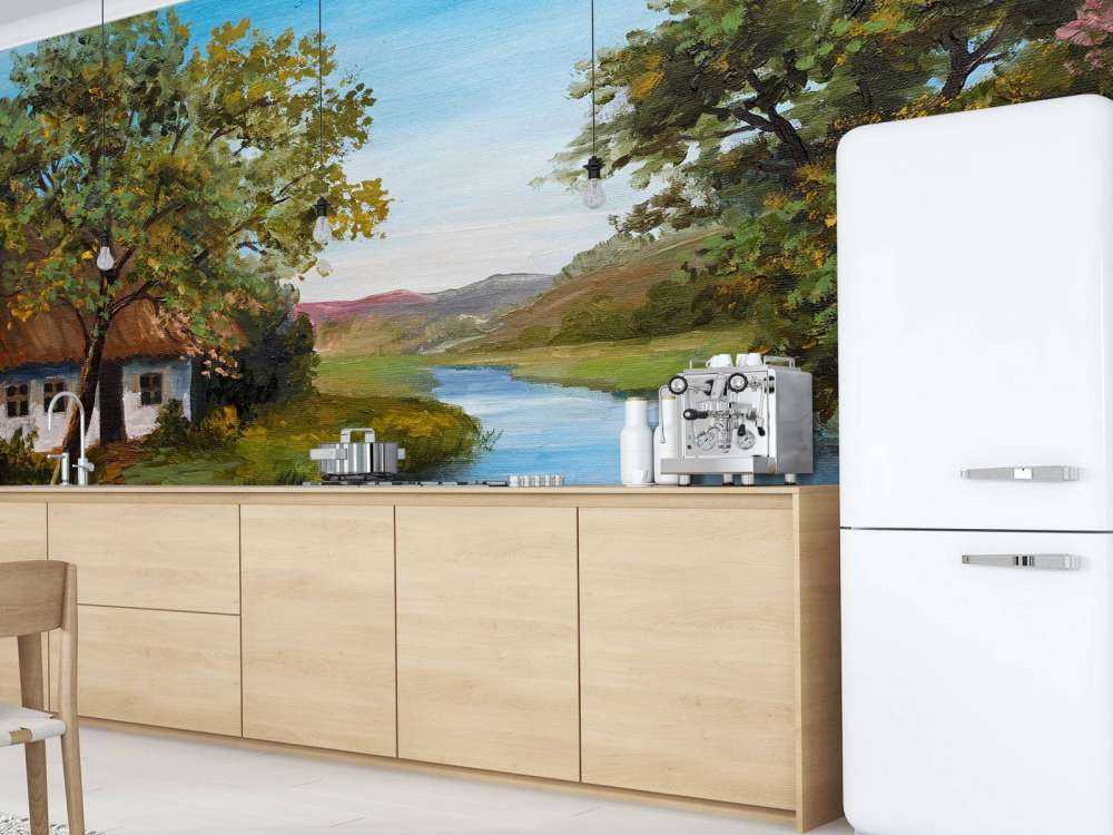 Boerderij met een zomers landschap schilderij