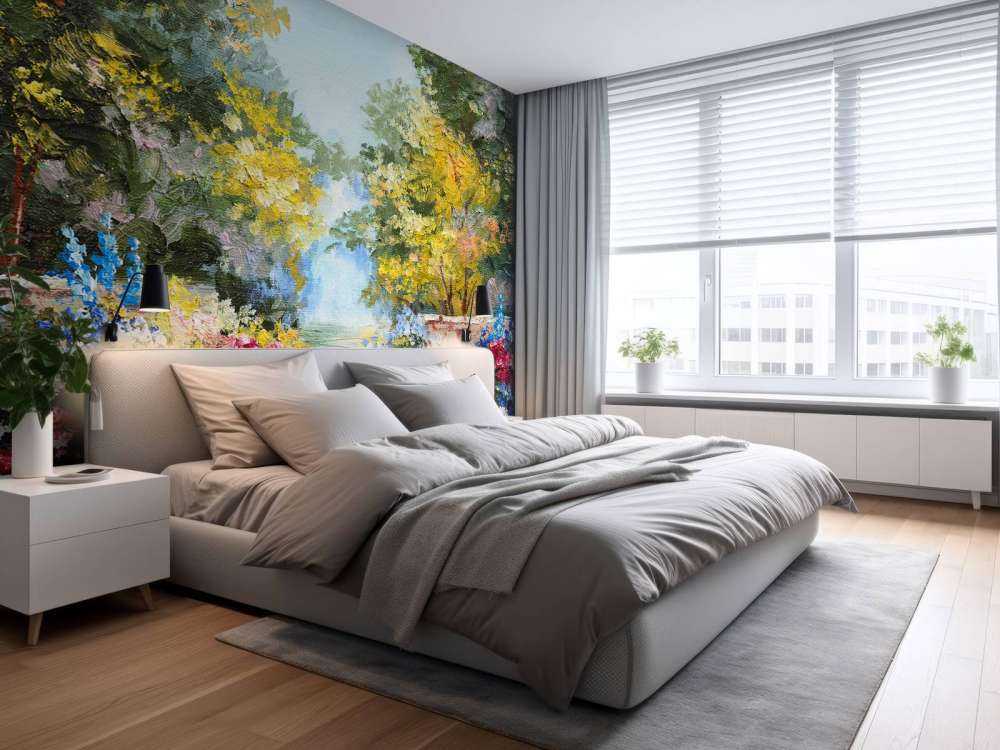 Olieverfschilderij van een parkje met bloemen