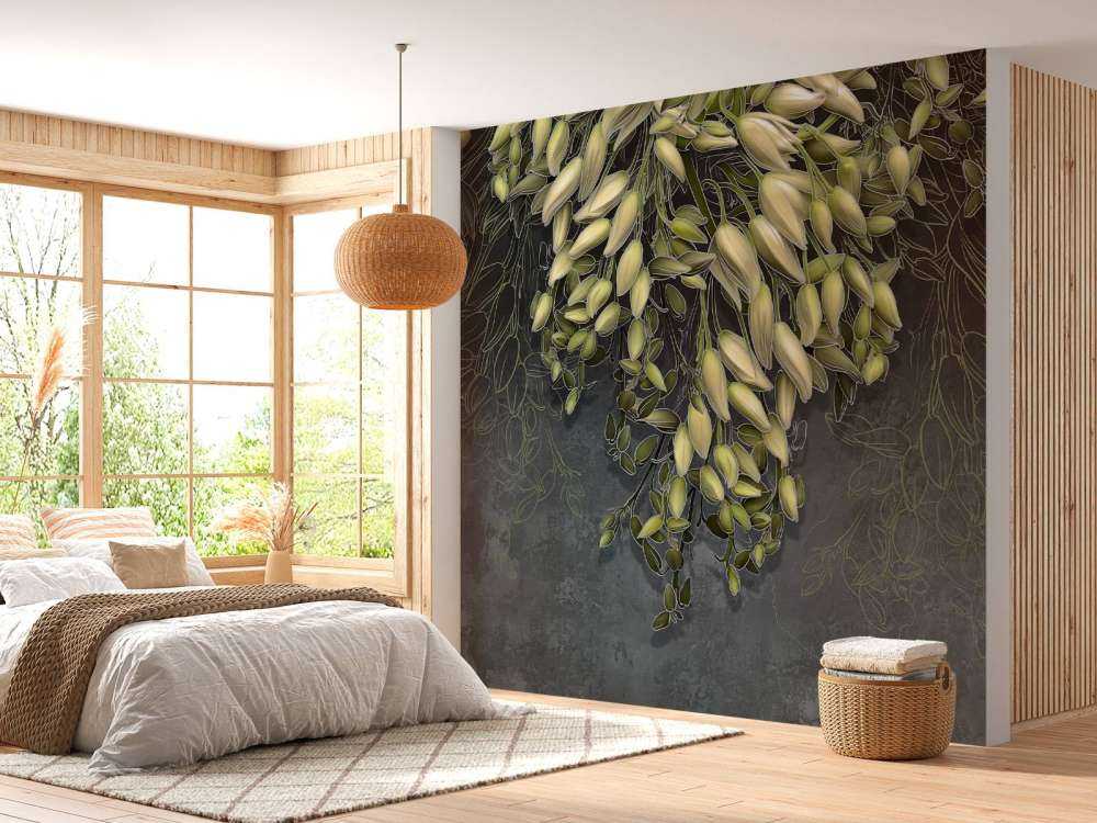 Witte bloemkelken op een donkergrijze betonstructuur