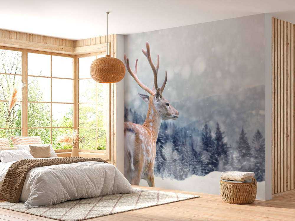 Winter Hert met Groen bos achtergrond