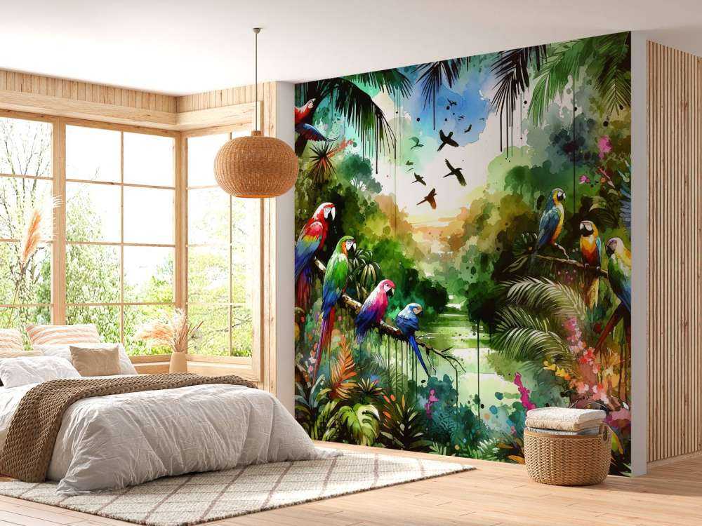 Watercolor Tropical Birds In The Jungle