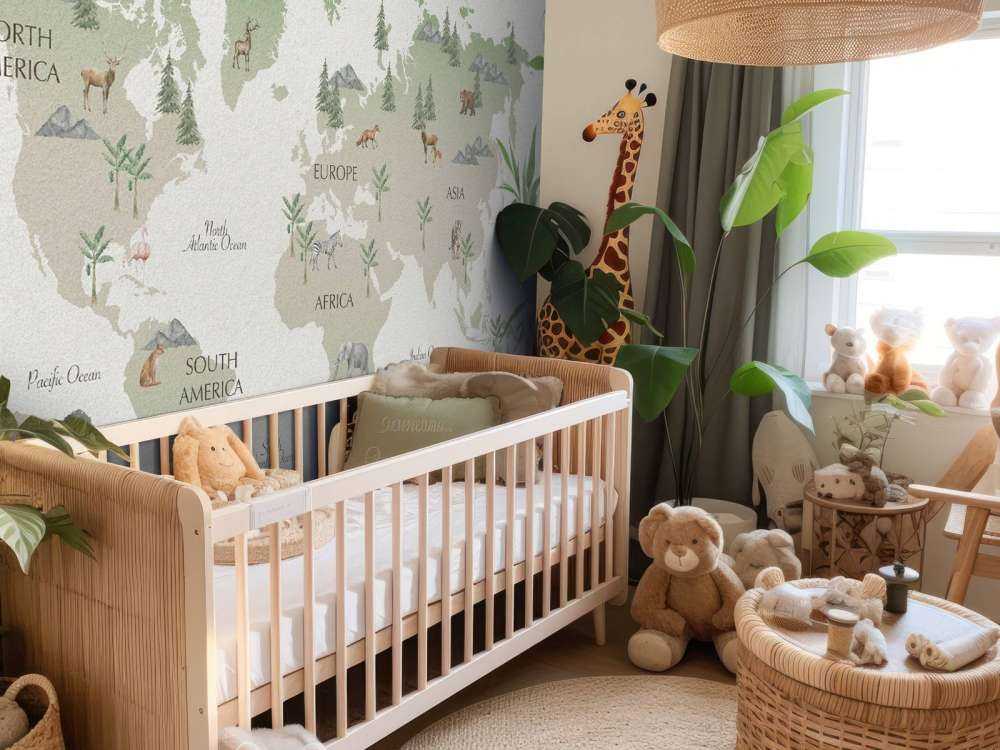 Wereldkaart met bamboe en panda's