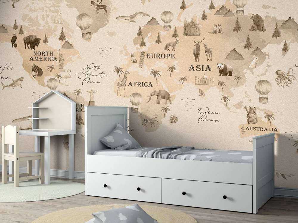 Wereldkaart met verschillende dieren beige
