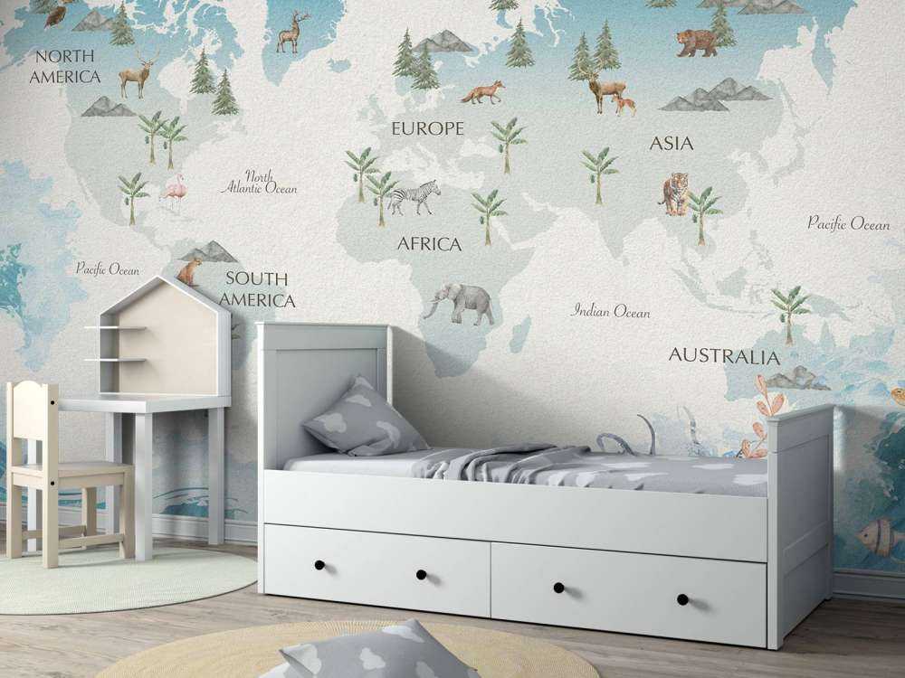 Wereldkaart met golven en dieren