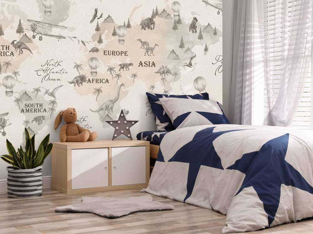 Wereldkaart met dino's off-white