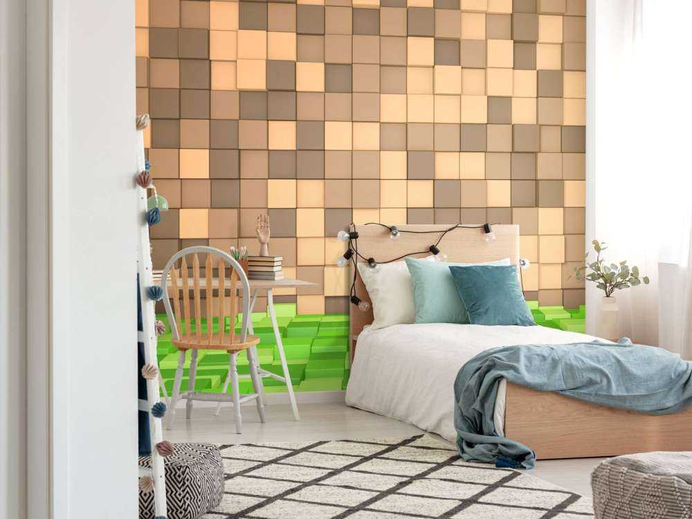 3D Minecraft landschap met bruine blokken