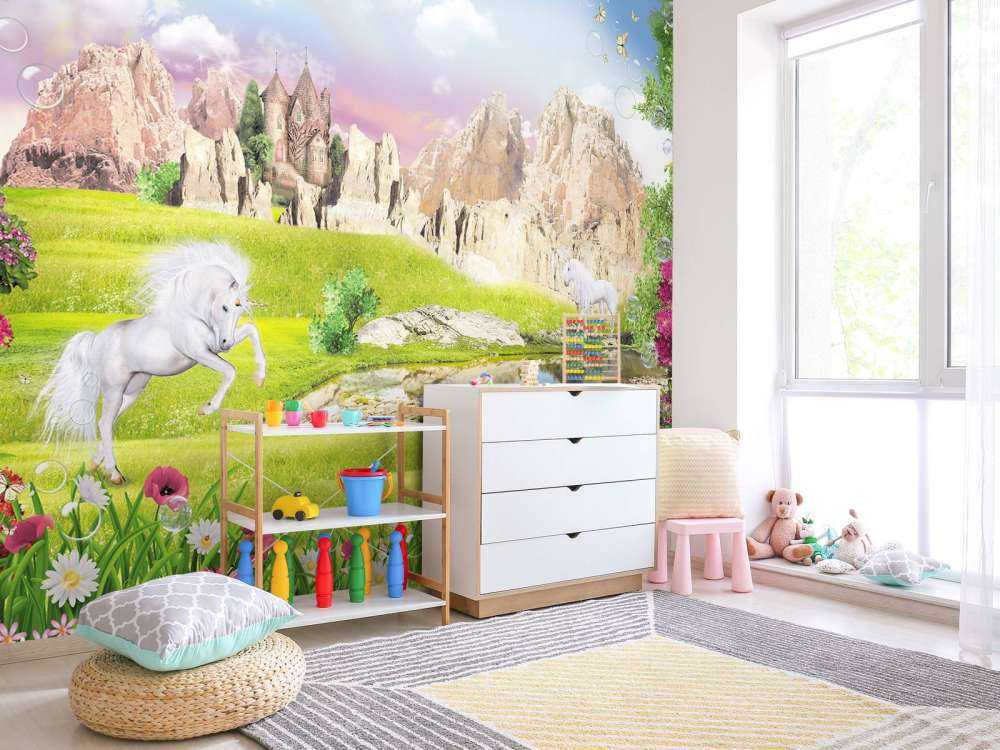 Eenhoorns in een droomlandschap