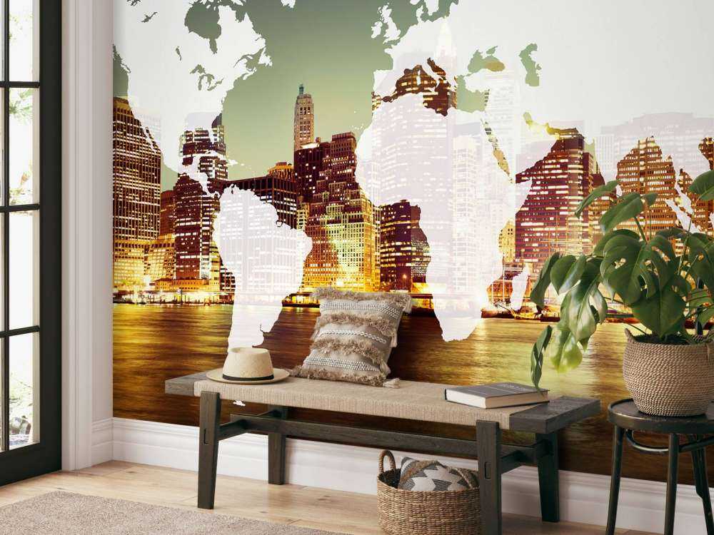 Wereldkaart met een stad op de achtergrond