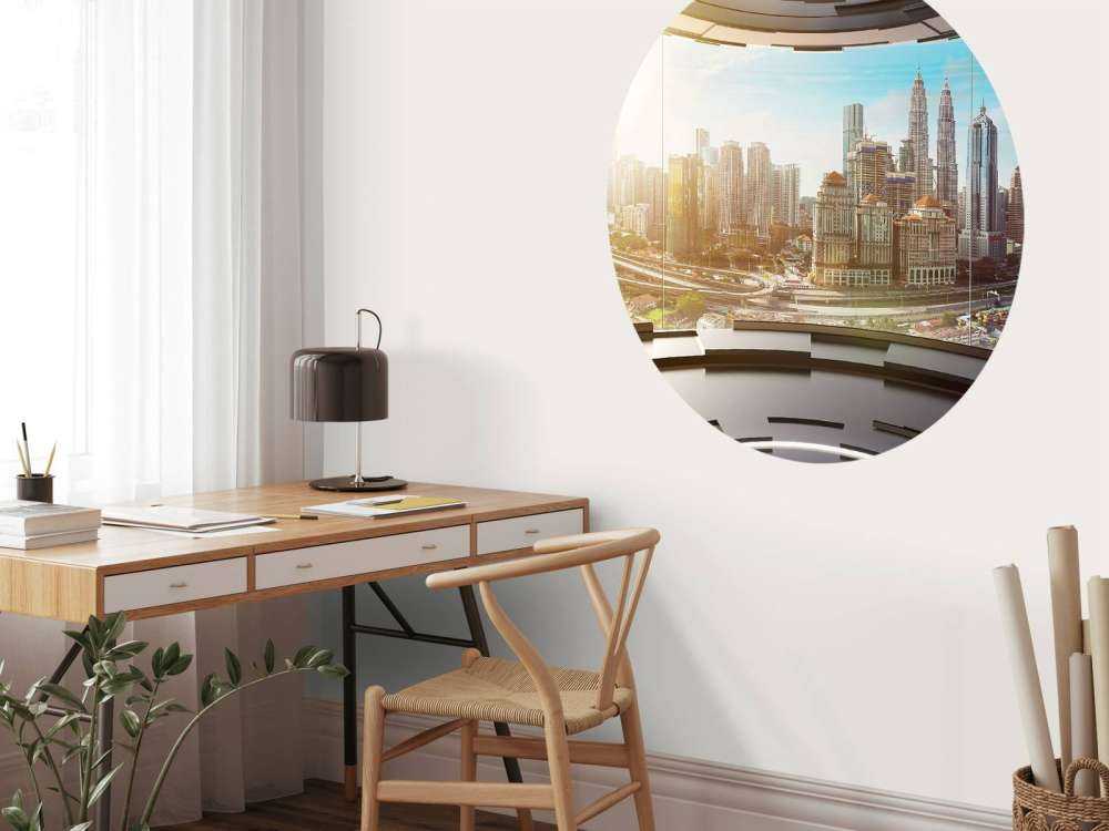 Wereldstad vanuit een futuristische kamer