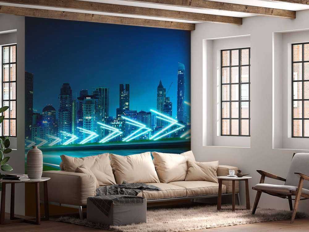 Futuristische snelweg langs een grote stad