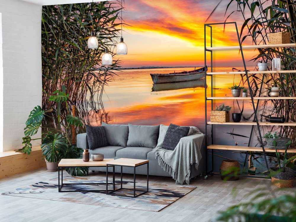 Boot met riet in de avond