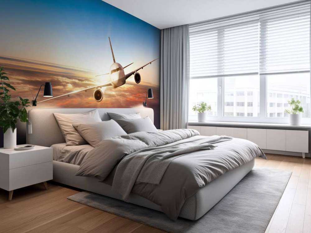 Vliegtuig boven de wolken bij zonsondergang