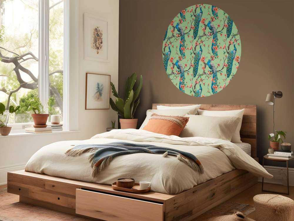 Pauw met tuinbloesem