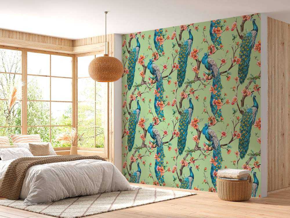 Pauw met tuinbloesem