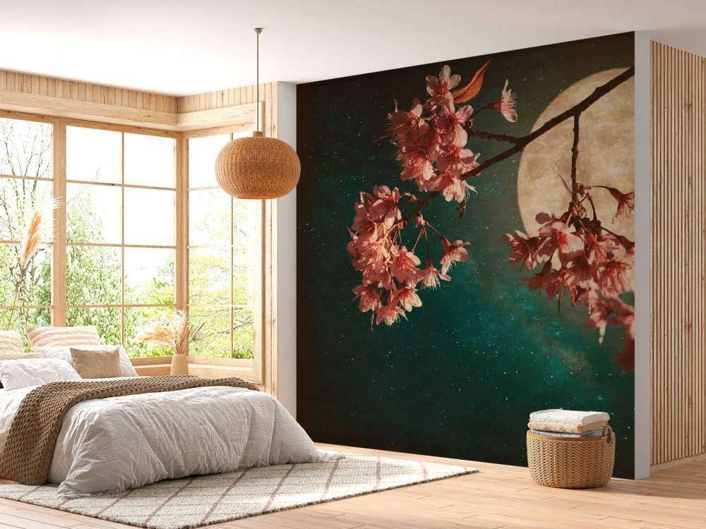 Kersenbloesem met de maan op de achtergrond