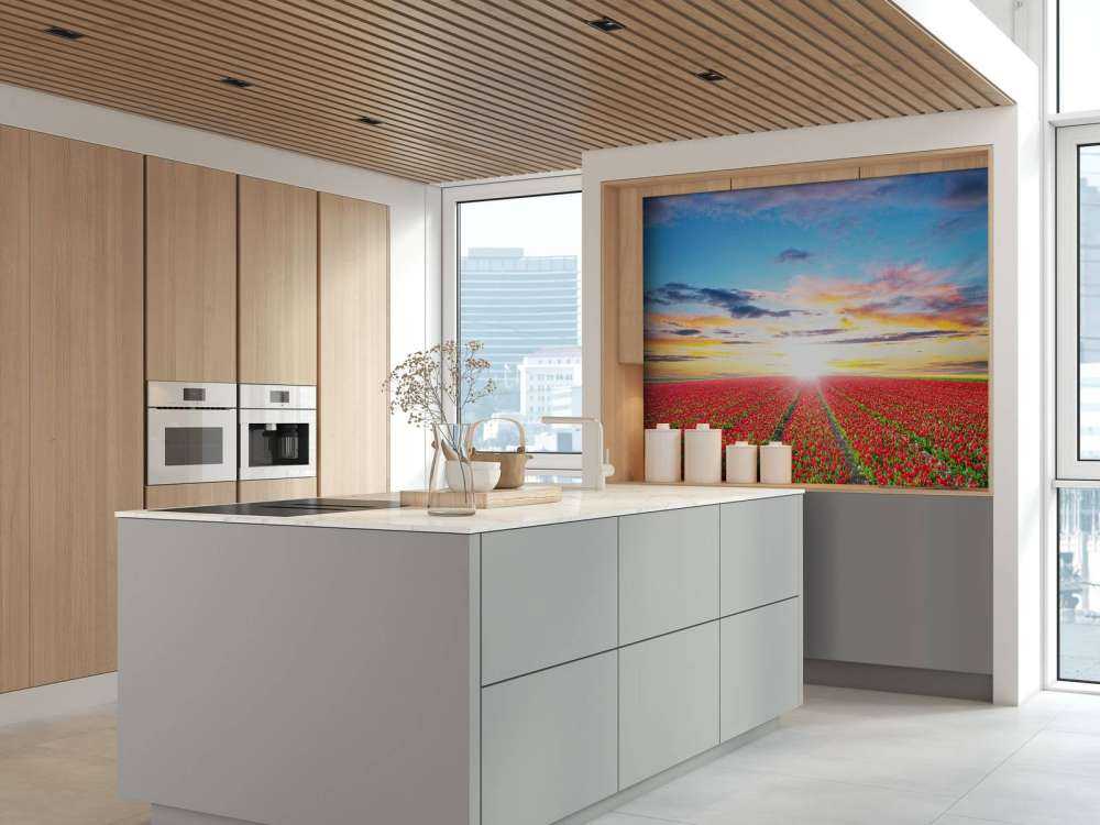 Rode tulpenveld bij zonsopkomst